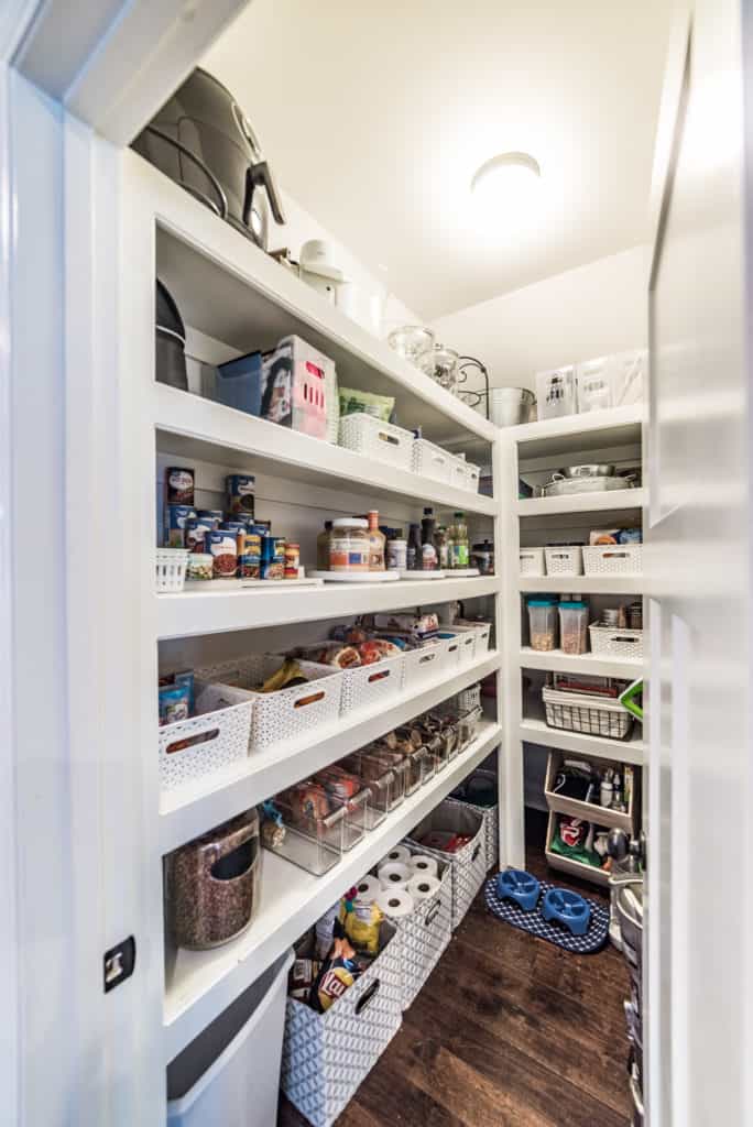 Organized Pantry with white bins
