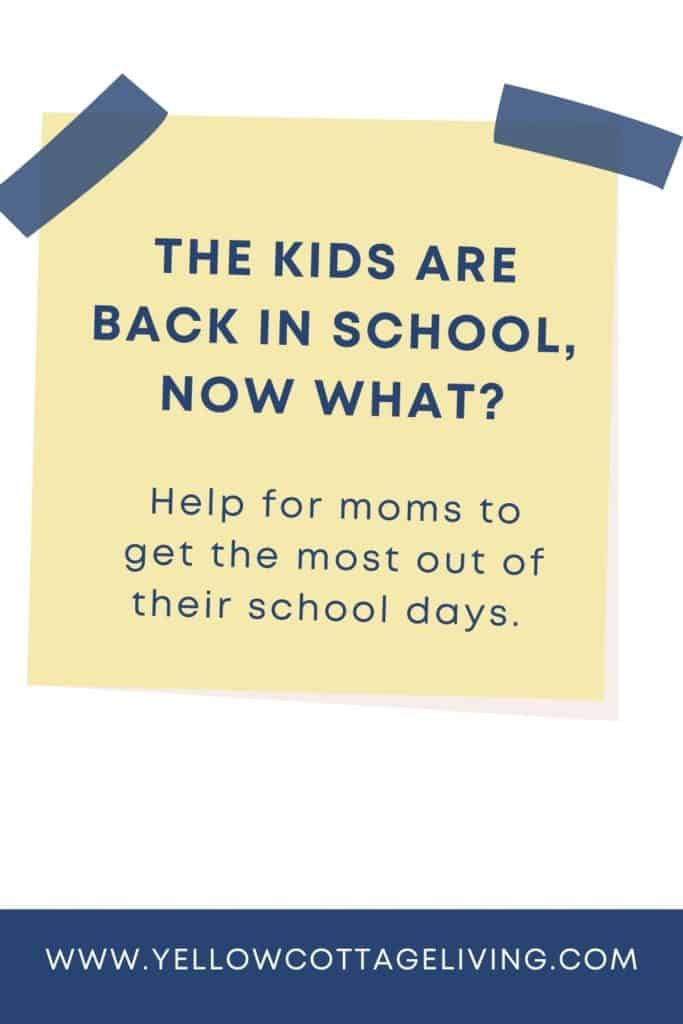 white background with yellow square on the front that says the kids are back in school, now what? help for moms to get the most of their school days