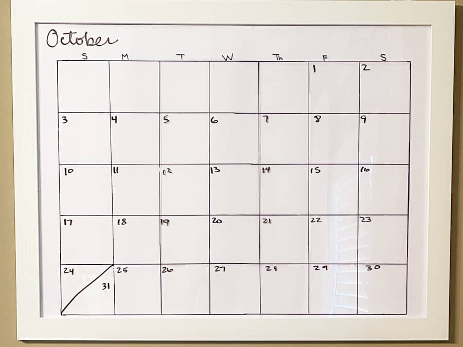 Large Calendar for the month of October with white background, black grid lines and white frame DIY Wall Calendar