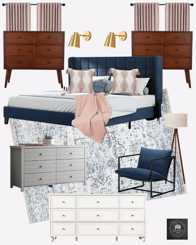 master bedroom design mood board with blue king size bed, lea and grey rug, blue chair, pink pillows and throw blanket
