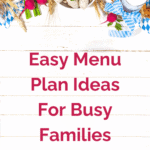 Menu Plan Ideas on white shiplap background with food items on the top border of the picture.
