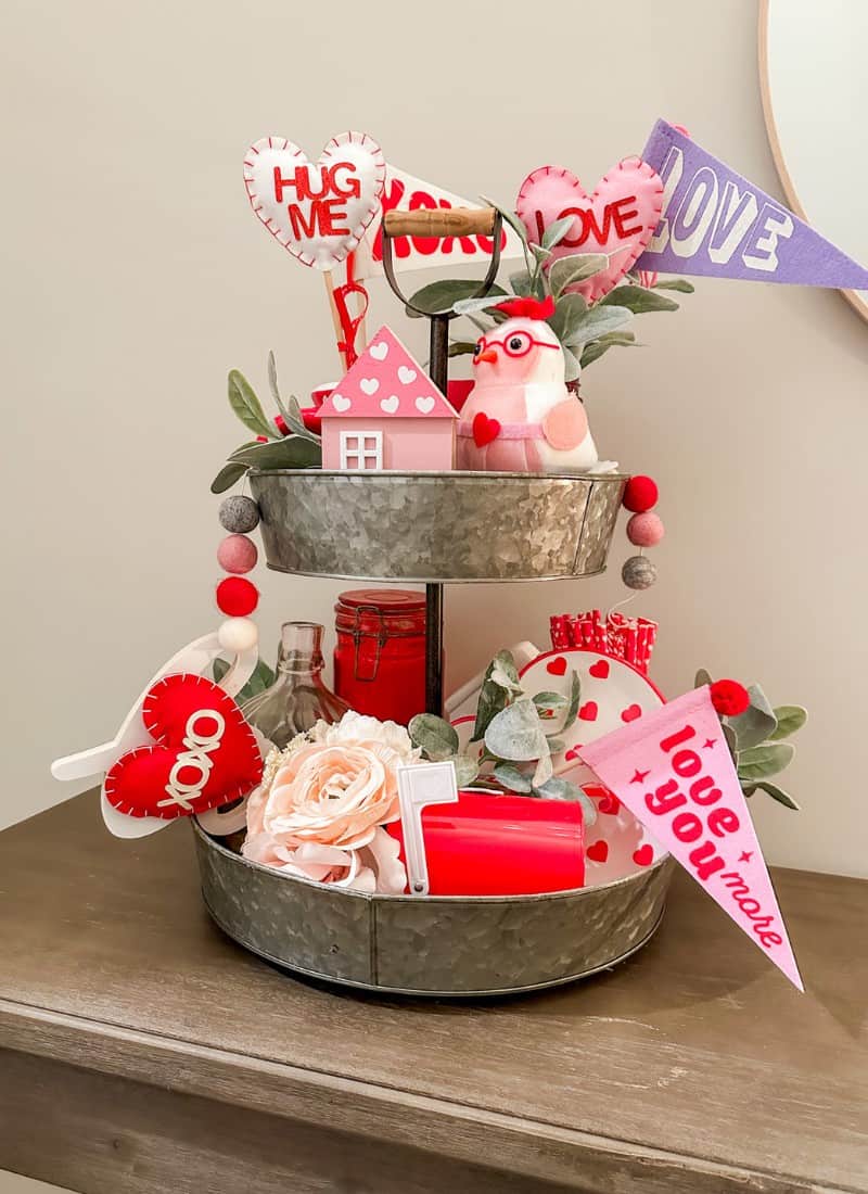 Valentine Decorations Tiered tray with red, white and pink decor